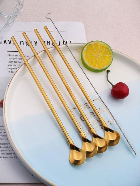 طقم ماصة وملعقة، ماصة طويلة 2 في 1 وملعقة لكوكتيل الفاكهة مع فرشاة تنظيف - عبوة من 6 قطع مع فرشاة تنظيف (ذهبي)