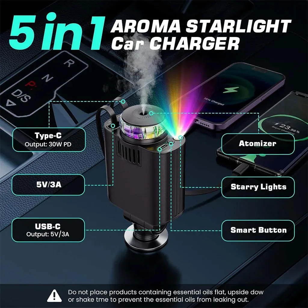 🌟 Retractable 5-in-1 Car Charger with Aromatherapy & Starlight 🌟