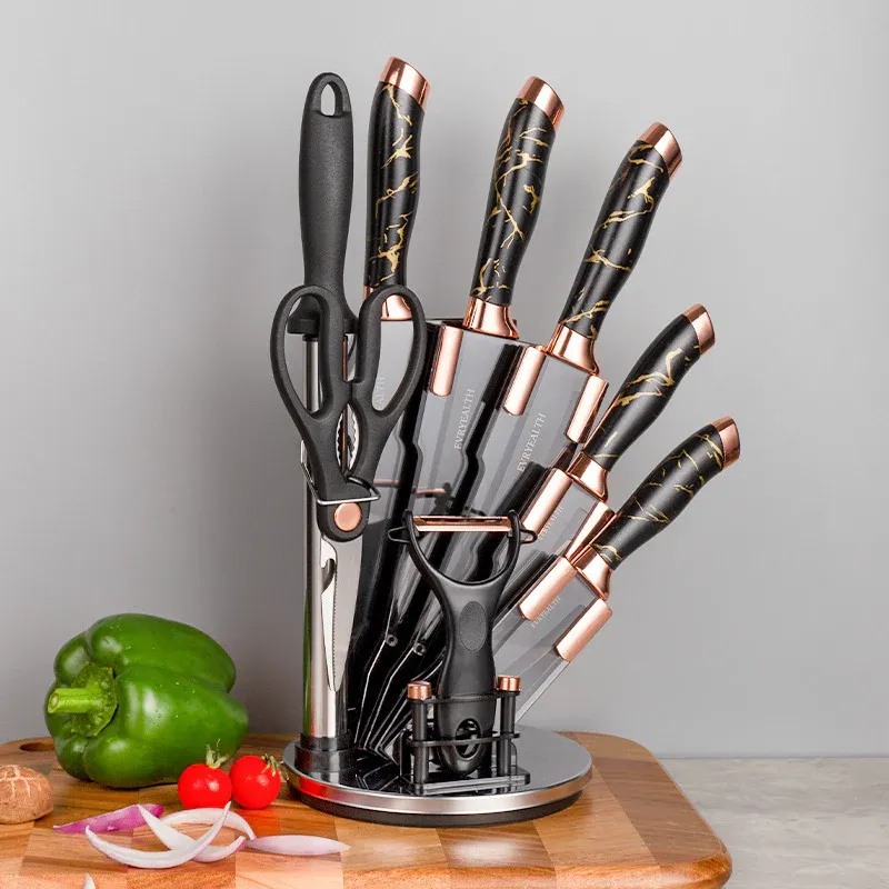 🍴✨ Transform Your Kitchen with Elegance and Precision – 9-Piece White & Gold Knife Set with Stand ✨🍴