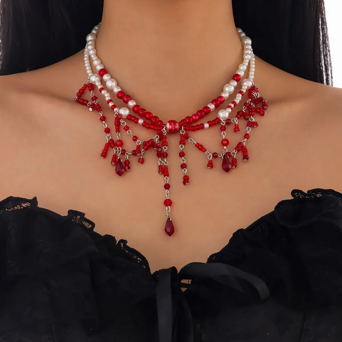 Bite Mark Blood Pearl Necklace Hoop Choker