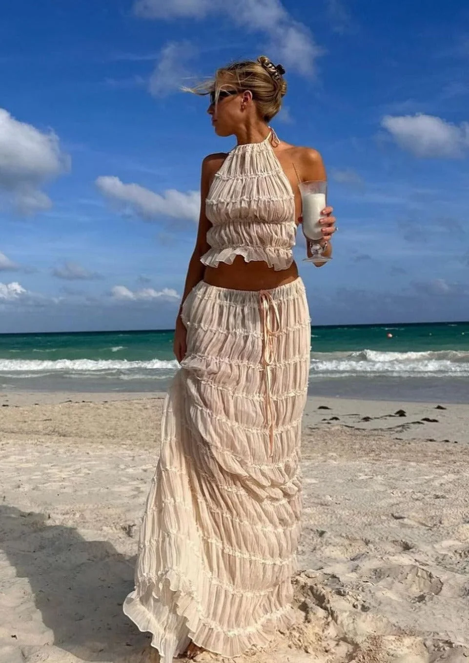 Backless Lace up Halterneck Sling Top Suit Wooden Ear Pleated Dress Two Piece Set