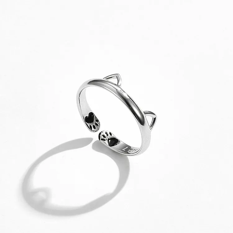 925 Sterling Silver Cute Cat Open Adjustable Rings