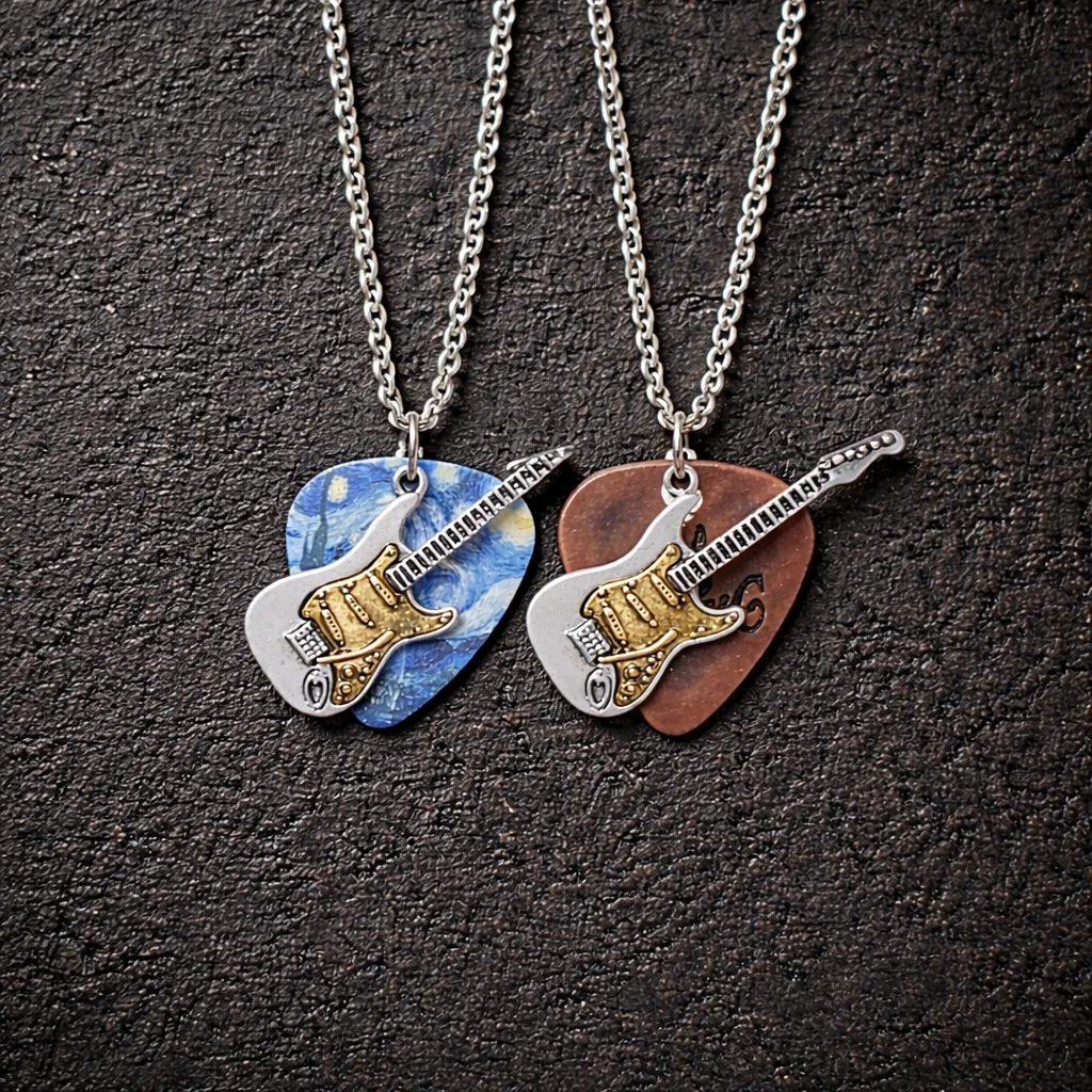 Vintage Guitar & Pick Pendant Necklace