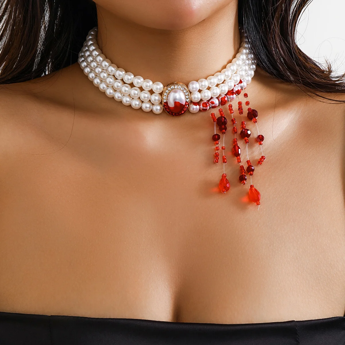 Bite Mark Blood Pearl Necklace Hoop Choker