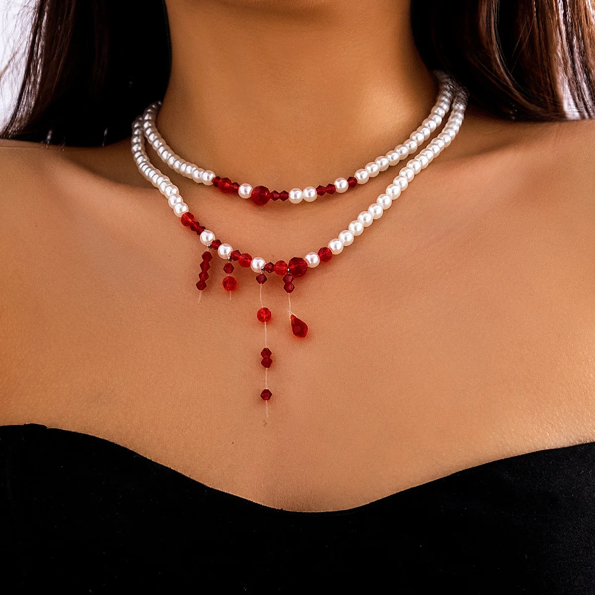 Bite Mark Blood Pearl Necklace Hoop Choker
