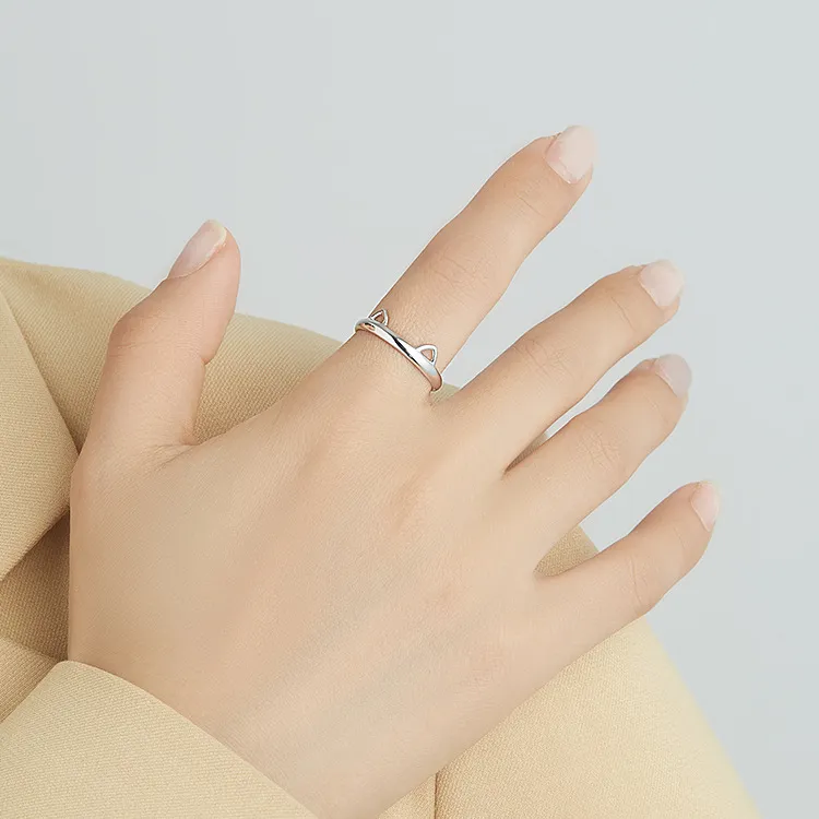 925 Sterling Silver Cute Cat Open Adjustable Rings