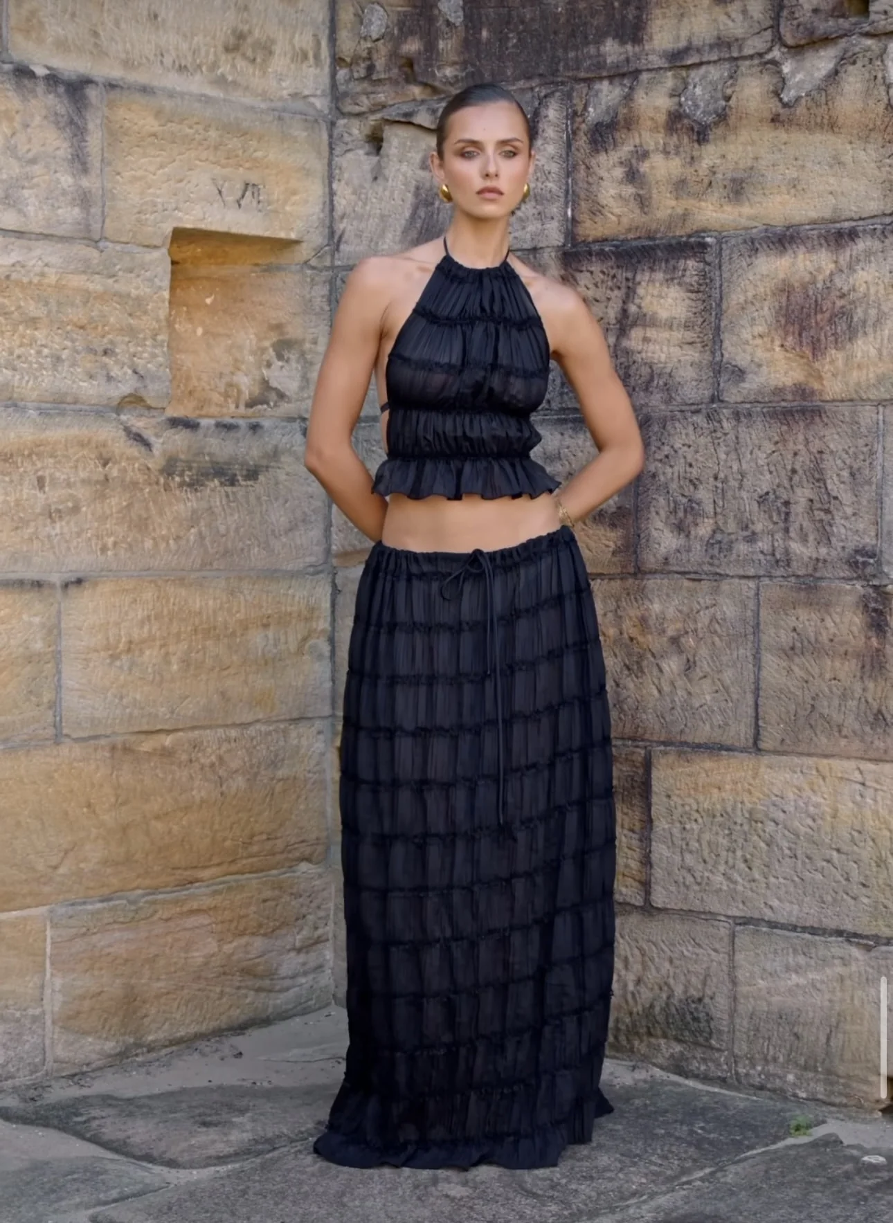 Backless Lace up Halterneck Sling Top Suit Wooden Ear Pleated Dress Two Piece Set