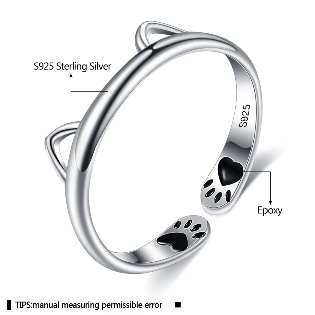 925 Sterling Silver Cute Cat Open Adjustable Rings