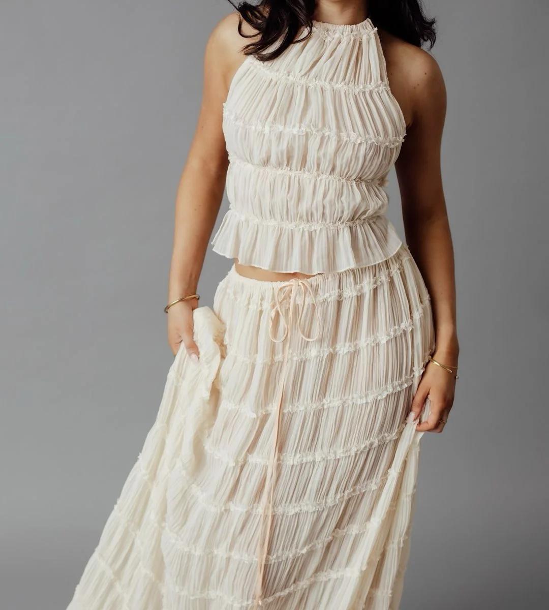 Backless Lace up Halterneck Sling Top Suit Wooden Ear Pleated Dress Two Piece Set