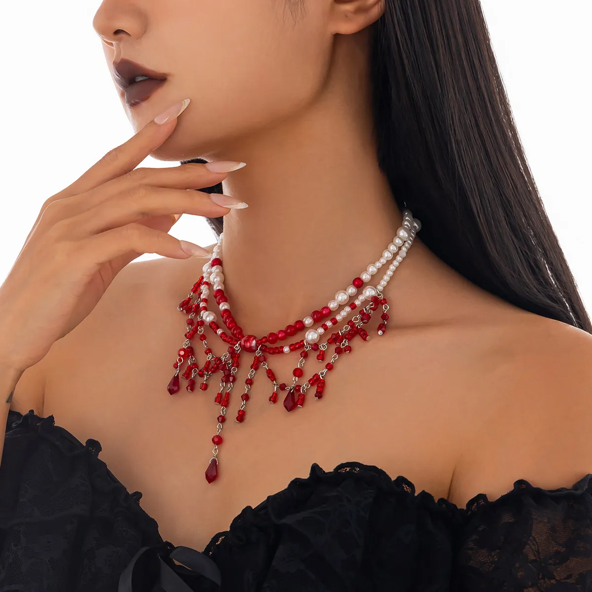 Bite Mark Blood Pearl Necklace Hoop Choker