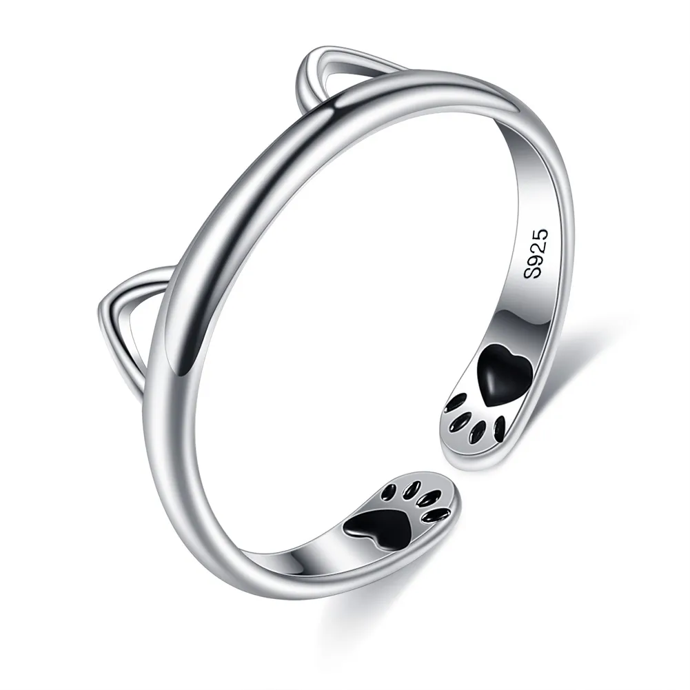 925 Sterling Silver Cute Cat Open Adjustable Rings