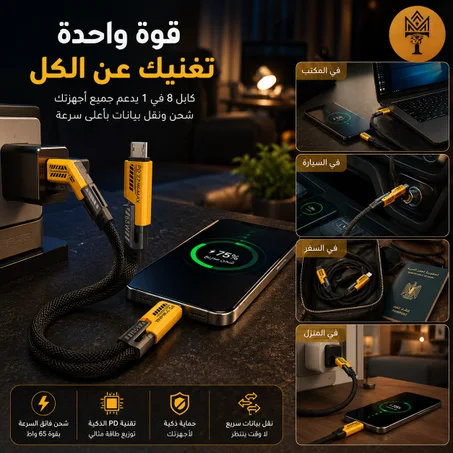 •        كابل شاحن USB متعدد 15 سم، شحن سريع 65 واط 3 في 1  (Lightning, Type-C & Micro USB)