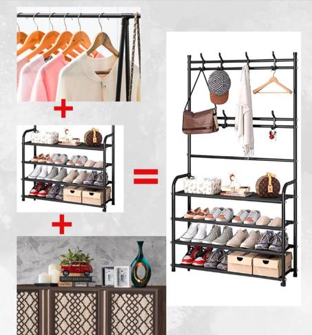 علاقة الملابس معدنية متينة مع 8 خطافات للملابس و 5 طبقات للأحذية وطبقة للأغراض الاخرى 3×1