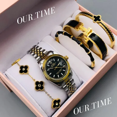 ✨ كوفري للنساء: ساعة ⌚ فخمة + خاتمين 💍💍 لإكمال الأناقة + 4 براسلي 💫 وكلها مصنوعة من الفولاذ المقاوم للصدأ ⚙️ مع الضمان 📜