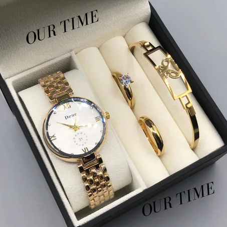 ✨ كوفري للنساء: ساعة ⌚ فخمة + خاتمين 💍💍 لإكمال الأناقة + براسلي 💫 وكلها مصنوعة من الفولاذ المقاوم للصدأ ⚙️ مع الضمان 📜