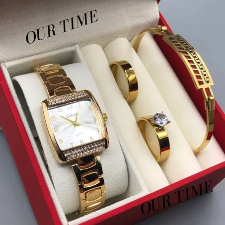 ✨ كوفري للنساء: ساعة ⌚ فخمة + خاتمين 💍💍 لإكمال الأناقة + براسلي 💫 وكلها مصنوعة من الفولاذ المقاوم للصدأ ⚙️ مع الضمان 📜
