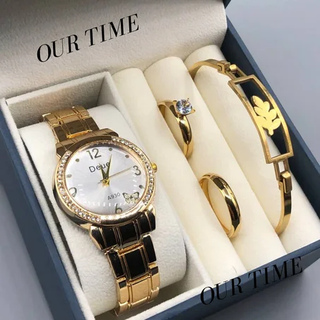 ✨ كوفري للنساء: ساعة ⌚ فخمة + خاتمين 💍💍 لإكمال الأناقة + براسلي 💫 وكلها مصنوعة من الفولاذ المقاوم للصدأ ⚙️ مع الضمان 📜