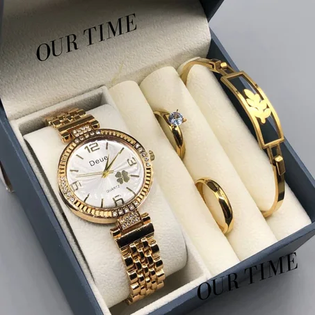 ✨ كوفري للنساء: ساعة ⌚ فخمة + خاتمين 💍💍 لإكمال الأناقة + براسلي 💫 وكلها مصنوعة من الفولاذ المقاوم للصدأ ⚙️ مع الضمان 📜