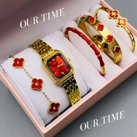 ✨ كوفري للنساء: ساعة ⌚ فخمة + خاتمين 💍💍 لإكمال الأناقة + 4 براسلي 💫 وكلها مصنوعة من الفولاذ المقاوم للصدأ ⚙️ مع الضمان 📜