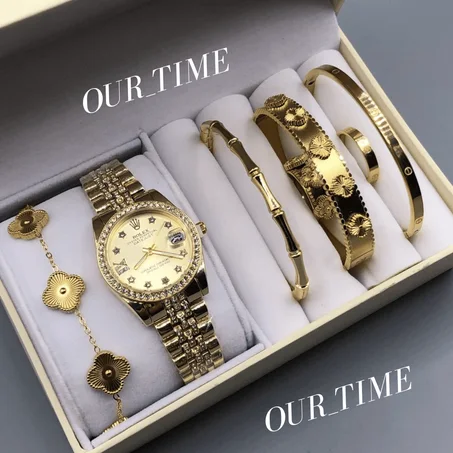 acier inoxydable❤️ Coffret cadeau pour femme🥺 :Montre de luxe+4 Bracelet +💍 2 Bague ❤️