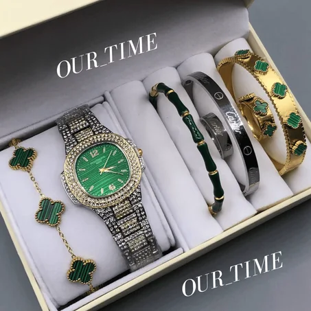 acier inoxydable❤️ Coffret cadeau pour femme🥺 :Montre de luxe+4 Bracelet +💍 2 Bague ❤️