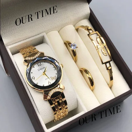 ✨ كوفري للنساء: ساعة ⌚ فخمة + خاتمين 💍💍 لإكمال الأناقة + براسلي 💫 وكلها مصنوعة من الفولاذ المقاوم للصدأ ⚙️ مع الضمان 📜
