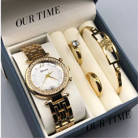 ✨ كوفري للنساء: ساعة ⌚ فخمة + خاتمين 💍💍 لإكمال الأناقة + براسلي 💫 وكلها مصنوعة من الفولاذ المقاوم للصدأ ⚙️ مع الضمان 📜