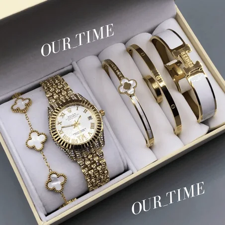 acier inoxydable❤️ Coffret cadeau pour femme🥺 :Montre de luxe+4 Bracelet +💍 2 Bague ❤️