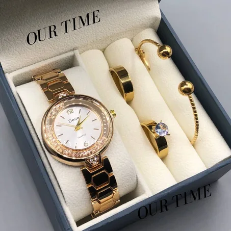 ✨ كوفري للنساء: ساعة ⌚ فخمة + خاتمين 💍💍 لإكمال الأناقة + براسلي 💫 وكلها مصنوعة من الفولاذ المقاوم للصدأ ⚙️ مع الضمان 📜