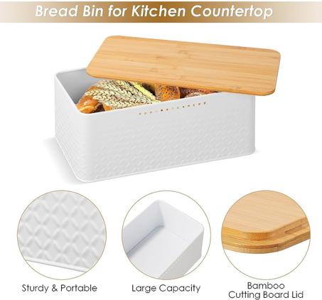 علبة خبز بغطاء بامبو لتخزين الطعام، برطمان مربع معدني جيد التهوية طازج