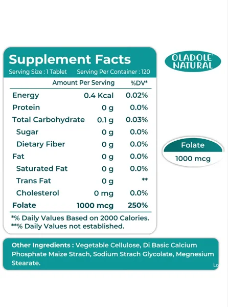 حمض الفوليك الطبيعي 1000 ميكروغرام – 120 قرصًا