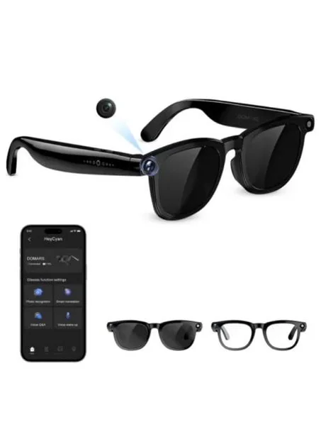 نظارات Domars الذكية للرجال والنساء – كاميرا 8MP بدقة 2K، تحكم صوتي بالذكاء الاصطناعي، ترجمة فورية، سماعات بلوتوث، مقاومة للماء IP67، أسود