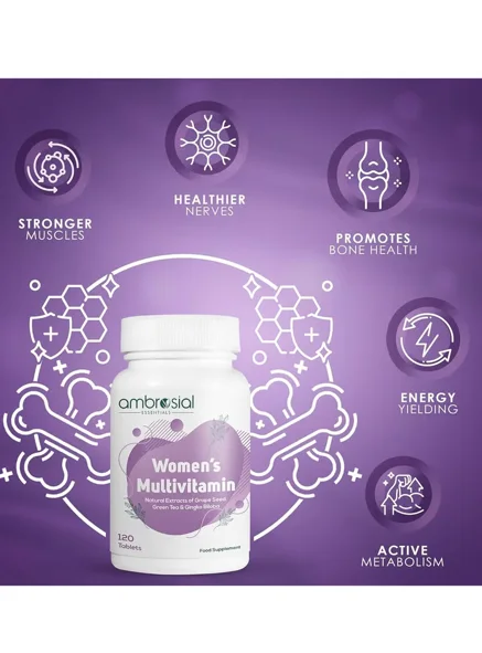 أمبروزيال مالتي فيتامين للنساء مع مستخلص بذور العنب والشاي الأخضر والجنكو بيلوبا