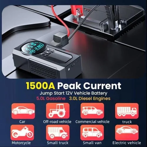 Démarreur de batterie de voiture portable 4-en-1 avec compresseur d’air, power bank et lampe LED – Batterie au lithium