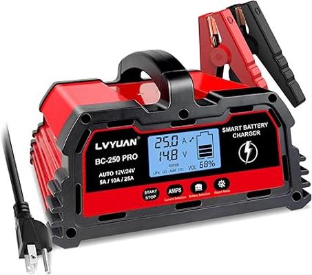 LVYUAN Cargador de batería de coche inteligente de 25 amperios, cargador automotriz de 12 V/24 V, batería de plomo-ácido, mantenedor de batería LiFePO4 con pantalla LCD, cargador de goteo, pa