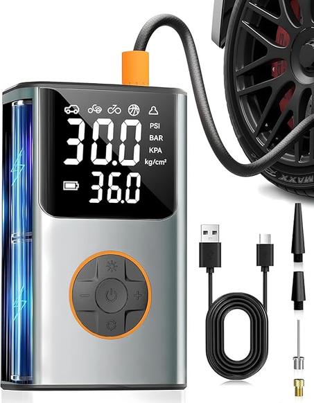 Inflador de neumáticos, compresor de aire portátil, bomba de bicicleta, bomba de aire de 150 PSI para neumáticos de automóvil con pantalla LCD dual y medidor digital de presión de neumáticos,