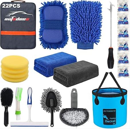 AUTODECO - Juego completo de 22 herramientas de limpieza para lavado de autos, con bolsa de lona azul, cubo plegable, manopla, esponja, toallas, cepillo para llantas, raspador de ventanas, pl