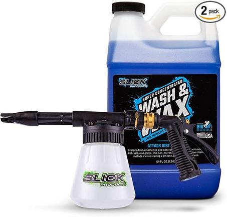 Slick Products Wash & Wax (64 onzas) + paquete de pistola de espuma para manguera de jardín