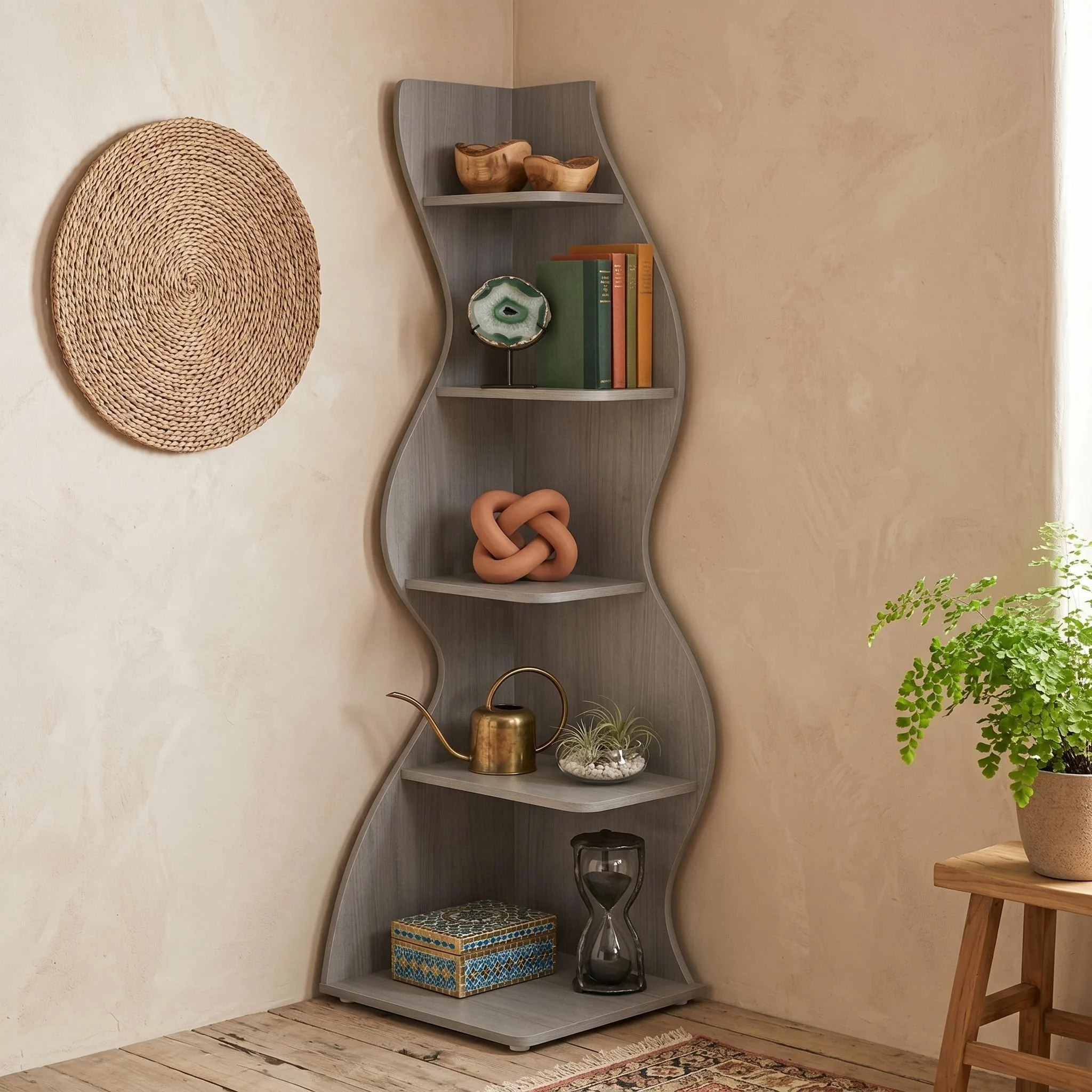 مكتبة زاوية بتصميم موجي عصري – 5 أرفف