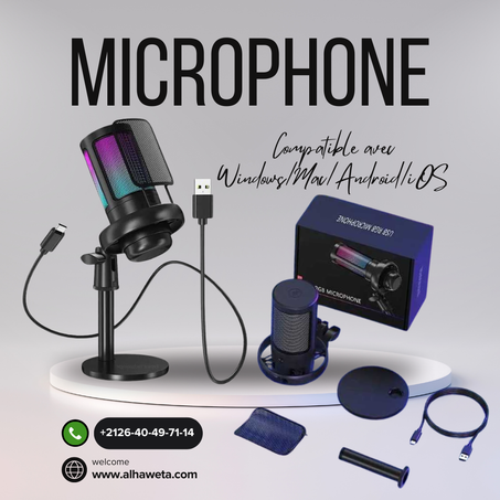 Microphone RVB à condensateur USB Compatible avec Windows/Mac/Android/iOS