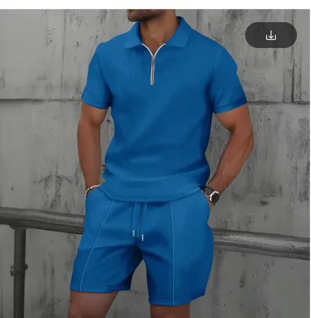 2025 hommes Europe et états-unis nouvel été gaufre couleur unie fermeture éclair revers à manches courtes costume shorts deux ensembles