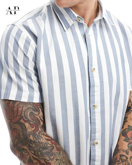 Chemise - Jack & Jones - Bleu Rayée à Manches Courtes – Style Estival