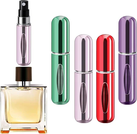 Botella atomizadora portátil de perfume recargable, espray de perfume recargable, perfume de viaje (0.2 fl oz, 4 unidades) (morado, rosa, verde, rojo)