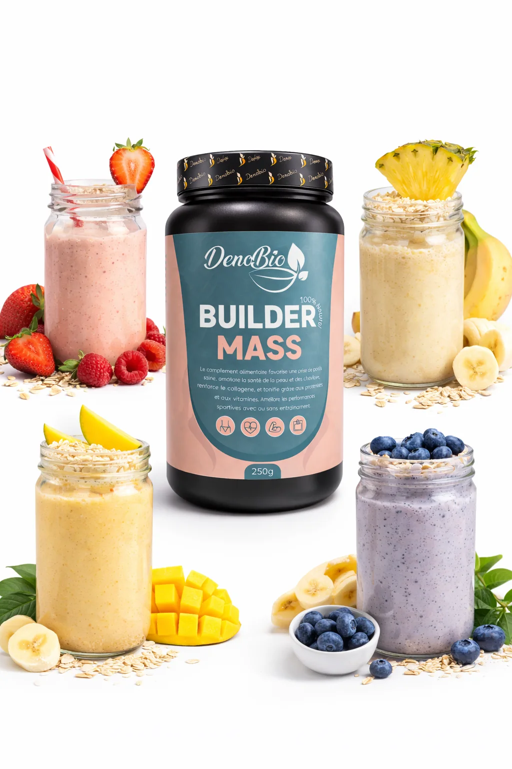 Pour une prise de masse optimale, mélangez DenoBio avec votre jus préféré et des flocons d’avoine.