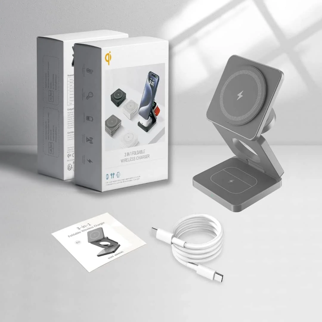 SUPPORT DE CHARGEUR MAGNÉTIQUE 3-EN-1 PLIABLE – IPHONE, APPLE WATCH & ANDROID