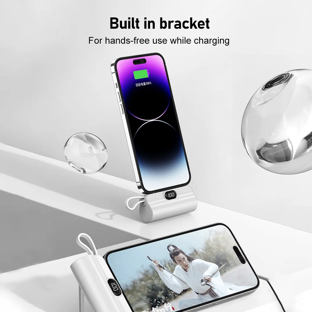 Mini Powerbank 5000 mAh – Câble intégré (Type-C + iPhone Lightning) avec écran LED