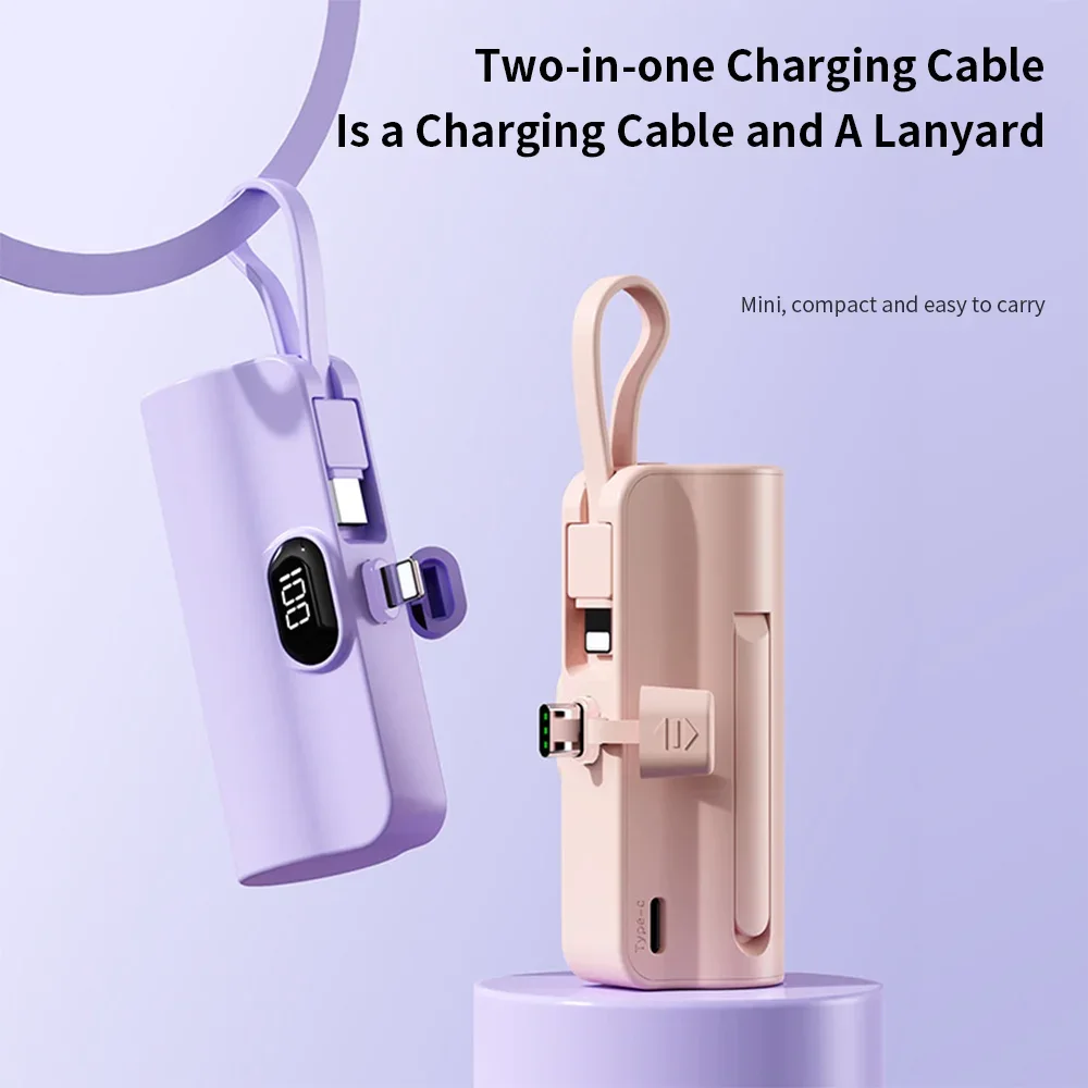 Mini Powerbank 5000 mAh – Câble intégré (Type-C + iPhone Lightning) avec écran LED