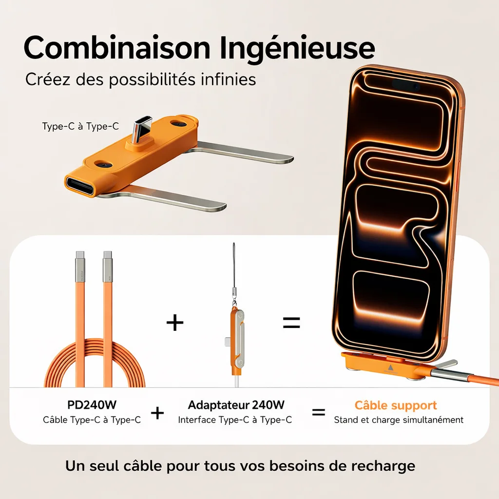 🟧 Câble de Charge avec Support Invisible