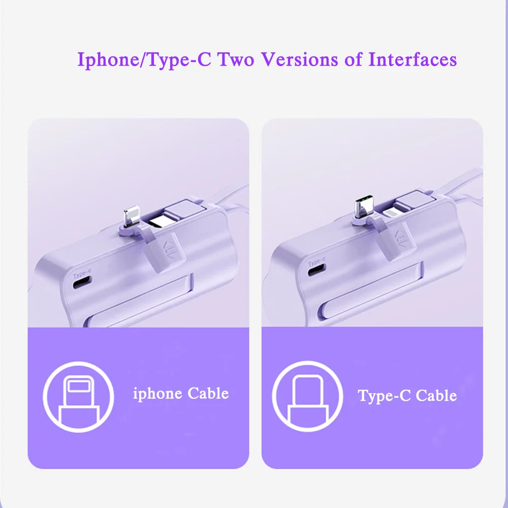 Mini Powerbank 5000 mAh – Câble intégré (Type-C + iPhone Lightning) avec écran LED