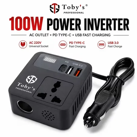 Toby'S 100W Power Inverter 70cm with Cigarette Lighter Cable, Dual USB-A, Type-C, QC Port, ABS Shell, DC12V Input to 220V Output, Portable Compact Converter, Black